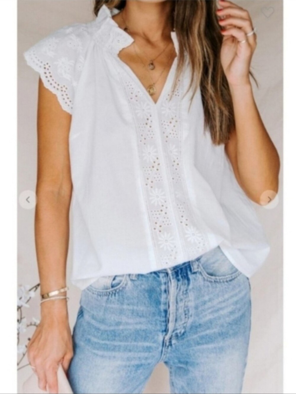 White Embroidered Eyelet Cap Sleeve Cotton Top